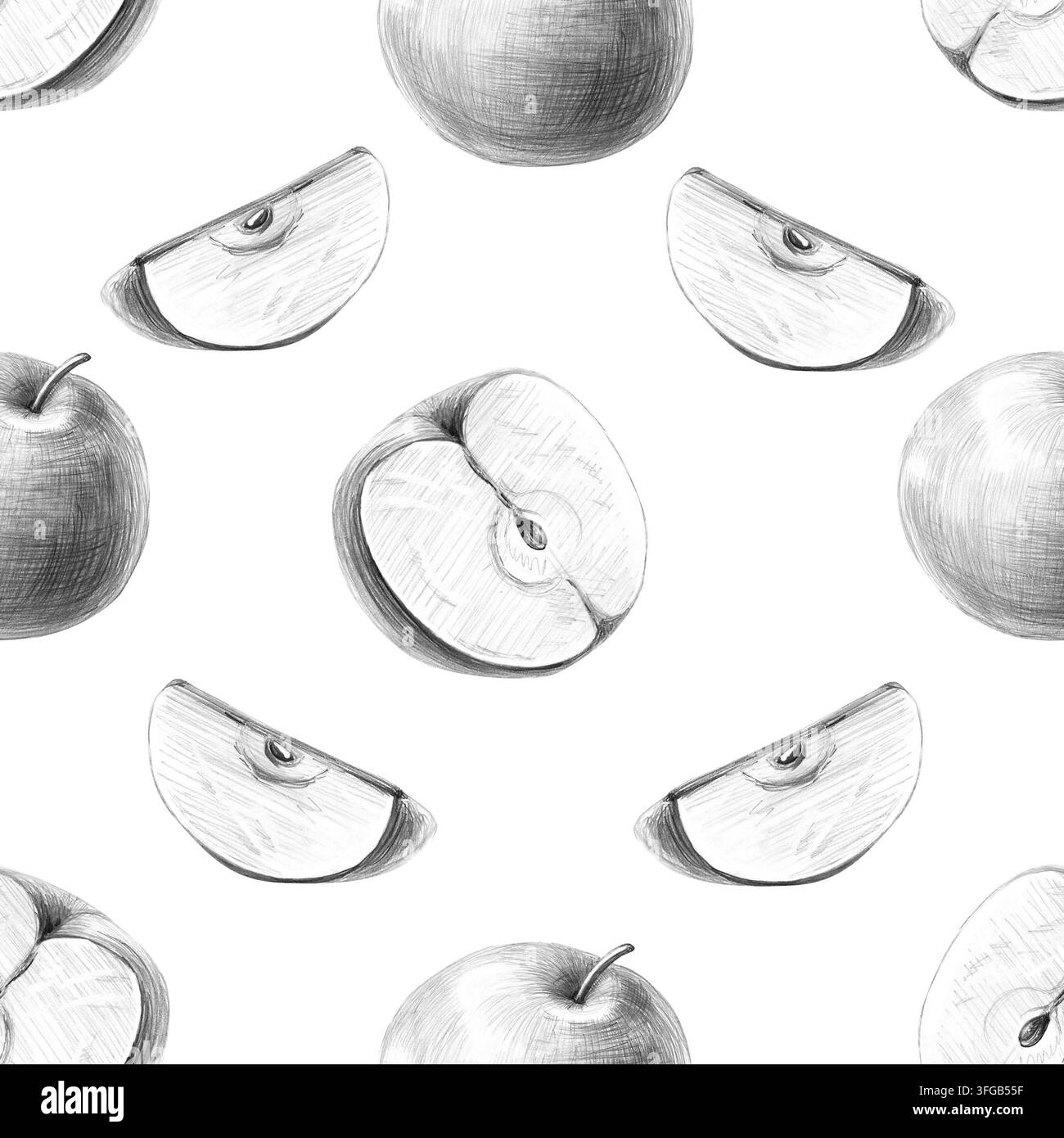 Äpfel in einem nahtlosen Muster. Isolierte Bleistiftillustration für Bäckerei, Saftbar, Trockenobstverpackungen, Restaurantmenüs, Textilien, Apfelweinverpackungen, Stockfoto