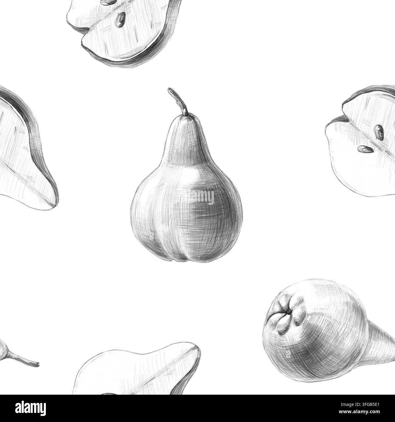 Birnen, ganz und geschnitten, in einem nahtlosen Muster. Isolierte Bleistiftillustration für Bäckerei, Trockenobstverpackungen, Restaurantmenüs, Textilien, Apfelweinpackung Stockfoto
