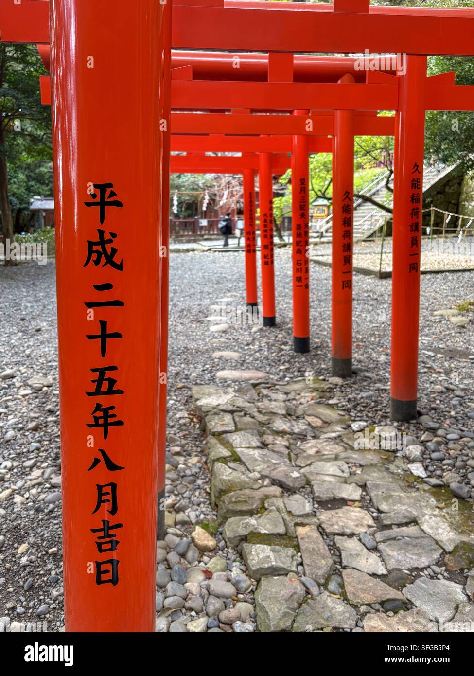 Nahaufnahme von roten Torii-Toren mit Kanji-Inschriften am Kuno-Inari-Schrein in Shizuoka, Japan. - Smartphone-aufgenommenes Stockfoto