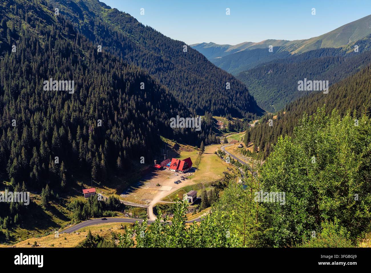 Die Transfagarasan-Straße überquert ein tiefes bewaldetes Tal in den Karpaten Rumäniens Stockfoto