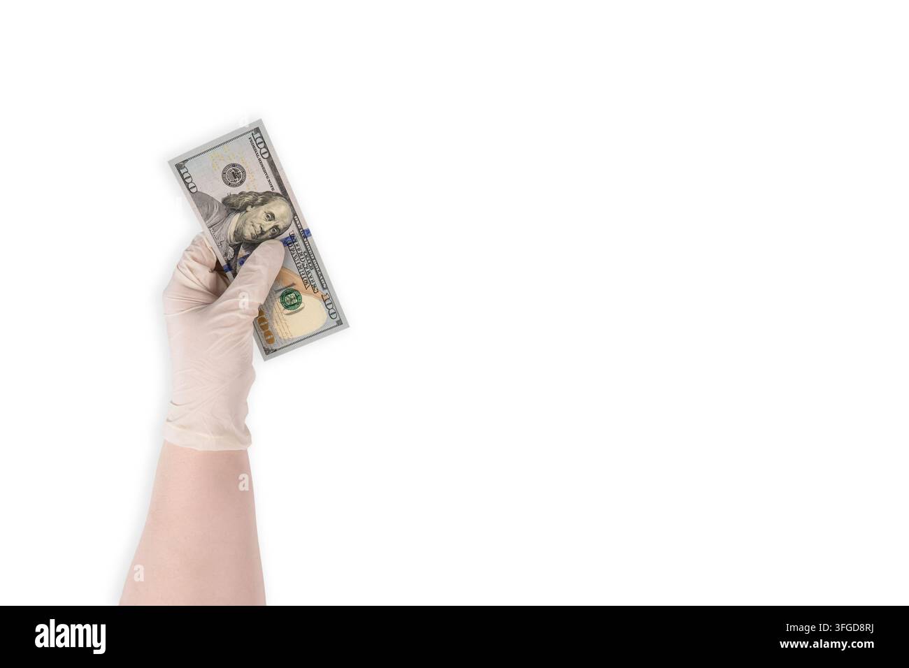 Hand, die einen weißen Latex-Medizinhandschuh trägt und einen einzelnen neuen Design-US-Dollar-Schein hält, isoliert auf einem sauberen weißen Hintergrund Stockfoto