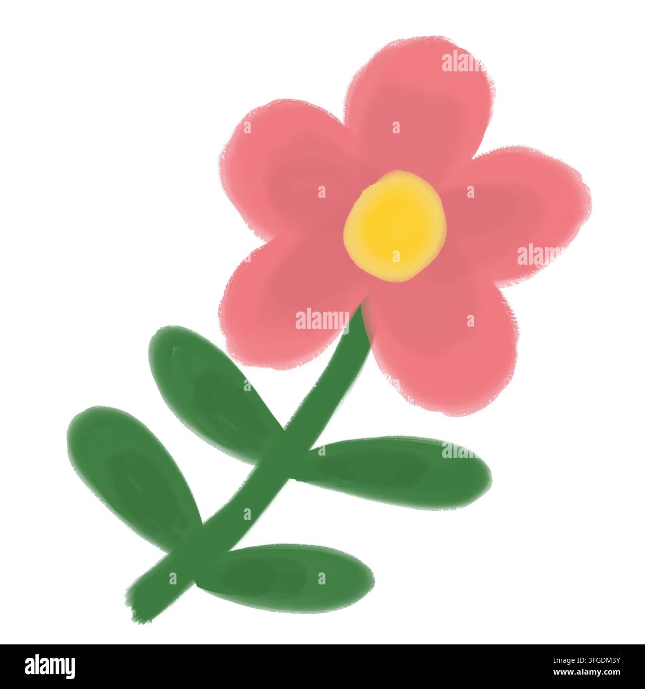 Eine bezaubernde handgezeichnete Blume mit abgerundeten Blütenblättern, einem hellen zentralen Auge und einem blättrigen Stiel, isoliert auf weißem Hintergrund — ideal für Frühlingsmotive. Stockfoto