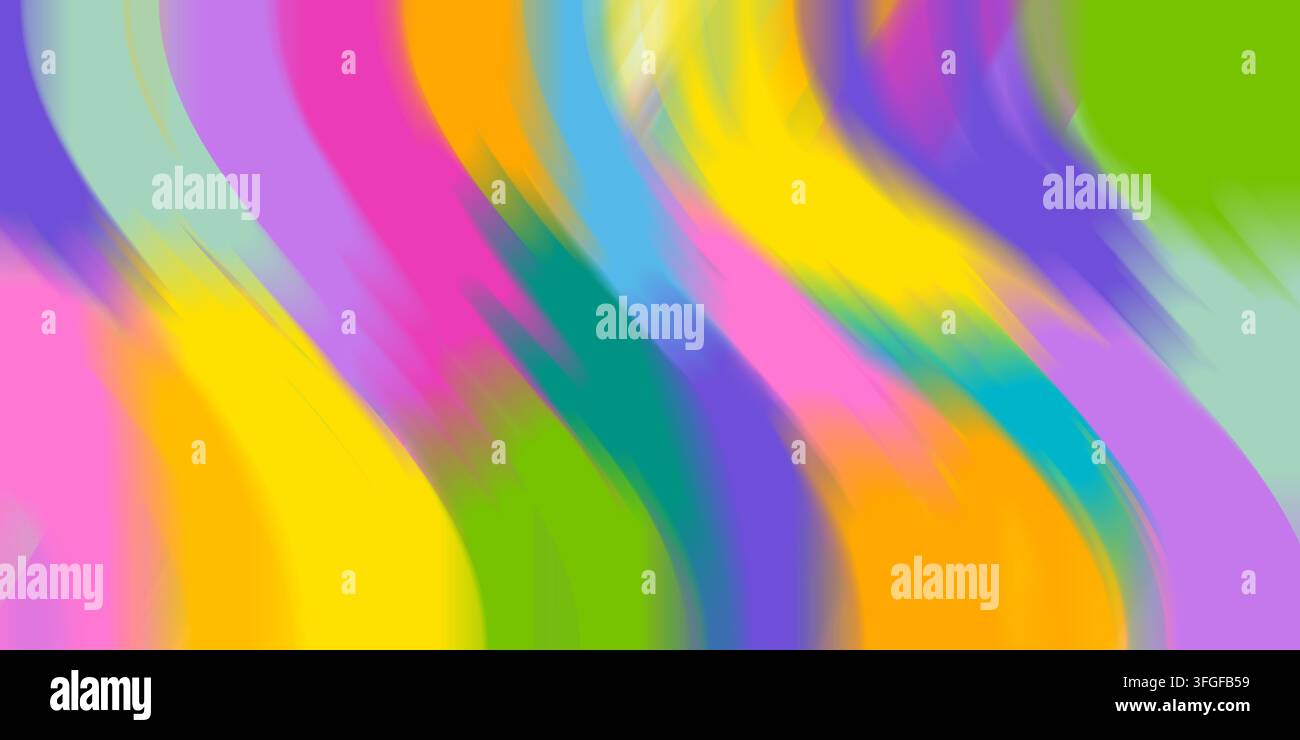 Abstrakter heller Hintergrund mit welligen holografischen Neon-Gradientenwirbeln und Bewegungsunschärfe-Effekt. Dynamisches farbenfrohes Design für Banner, Cover und Web. Stockfoto