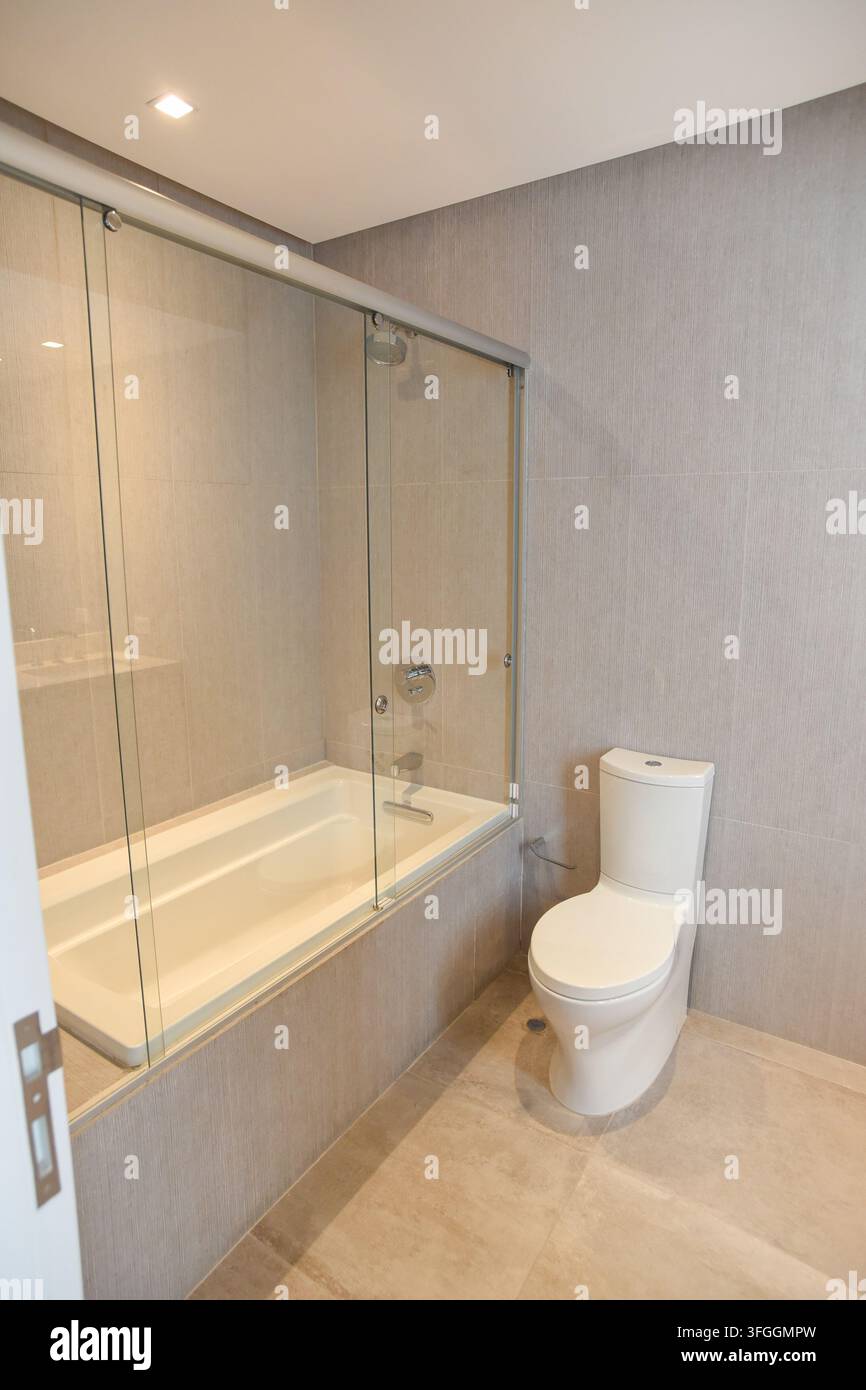 Modernes Badezimmer-Refugium: Ein schlankes und minimalistisches Badezimmer zeigt eine eingebaute Badewanne, die von einer Glasduschtür umschlossen ist, neben einem zeitgenössischen Toilettentisch Stockfoto