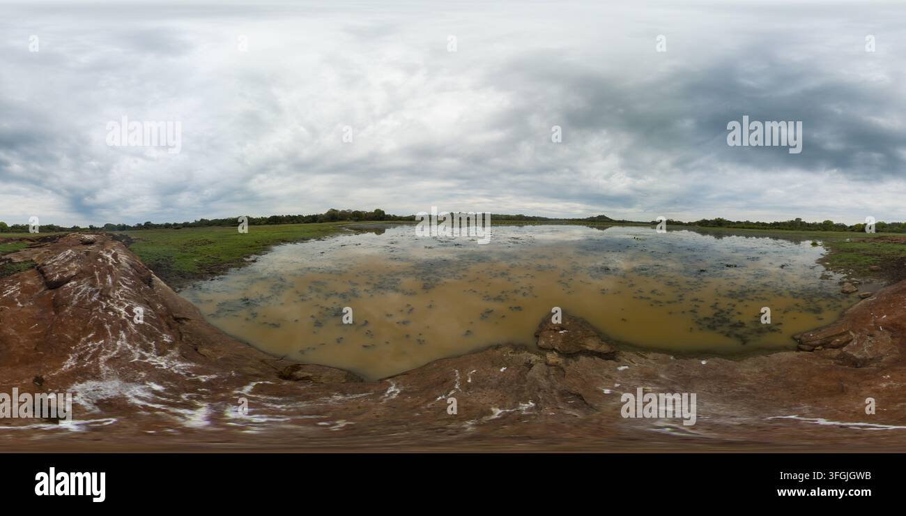 See und Sumpfgebiet mit Wildtieren im Reservat, Sri Lanka. Virtual Reality 360 Stockfoto