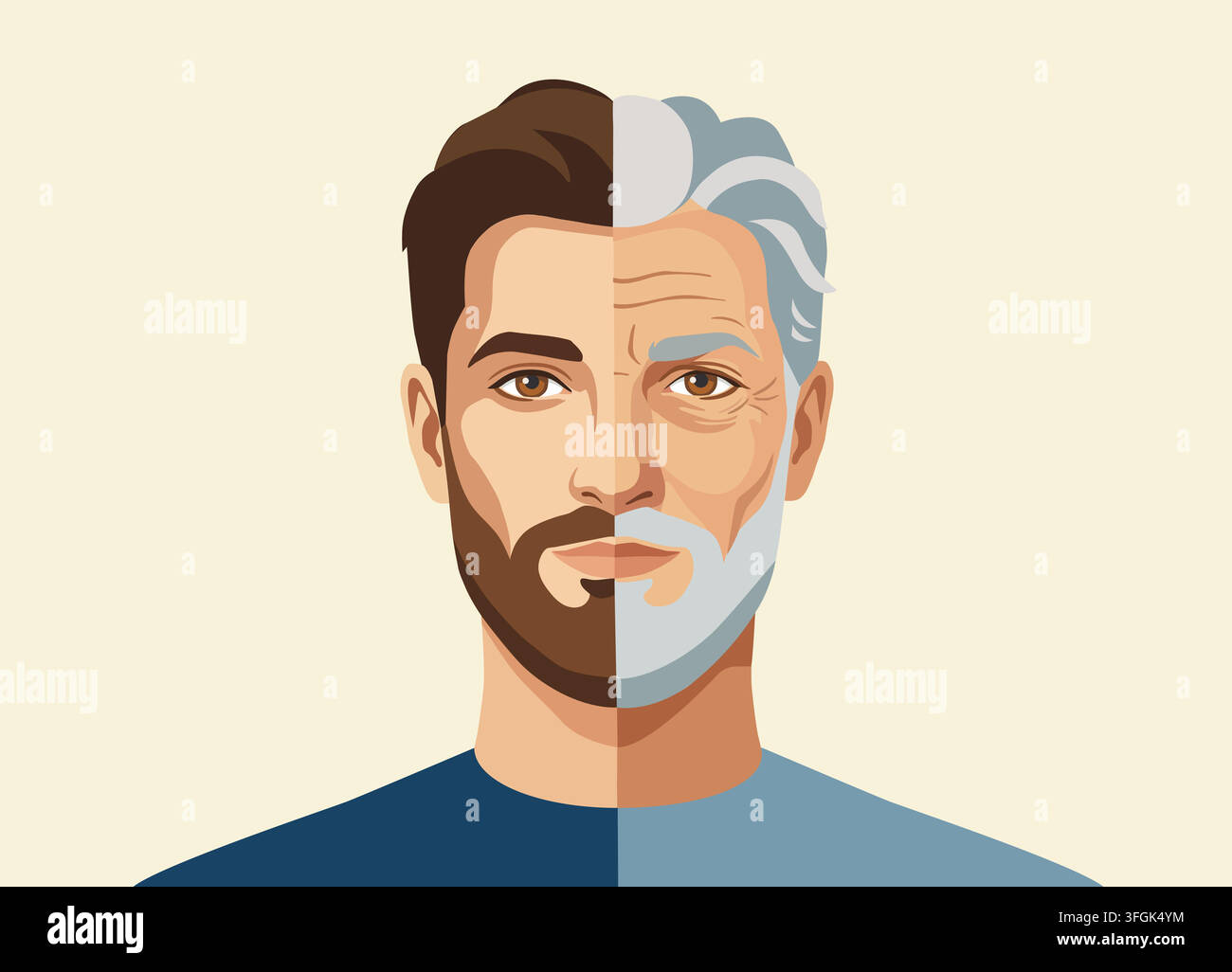 Konzeptionelle Vektorillustration des menschlichen Alterns und des Zeitverlaufs. Ein geteiltes Porträt eines Mannes, das einen jungen Erwachsenen mit einer alten Person vergleicht. Stock Vektor
