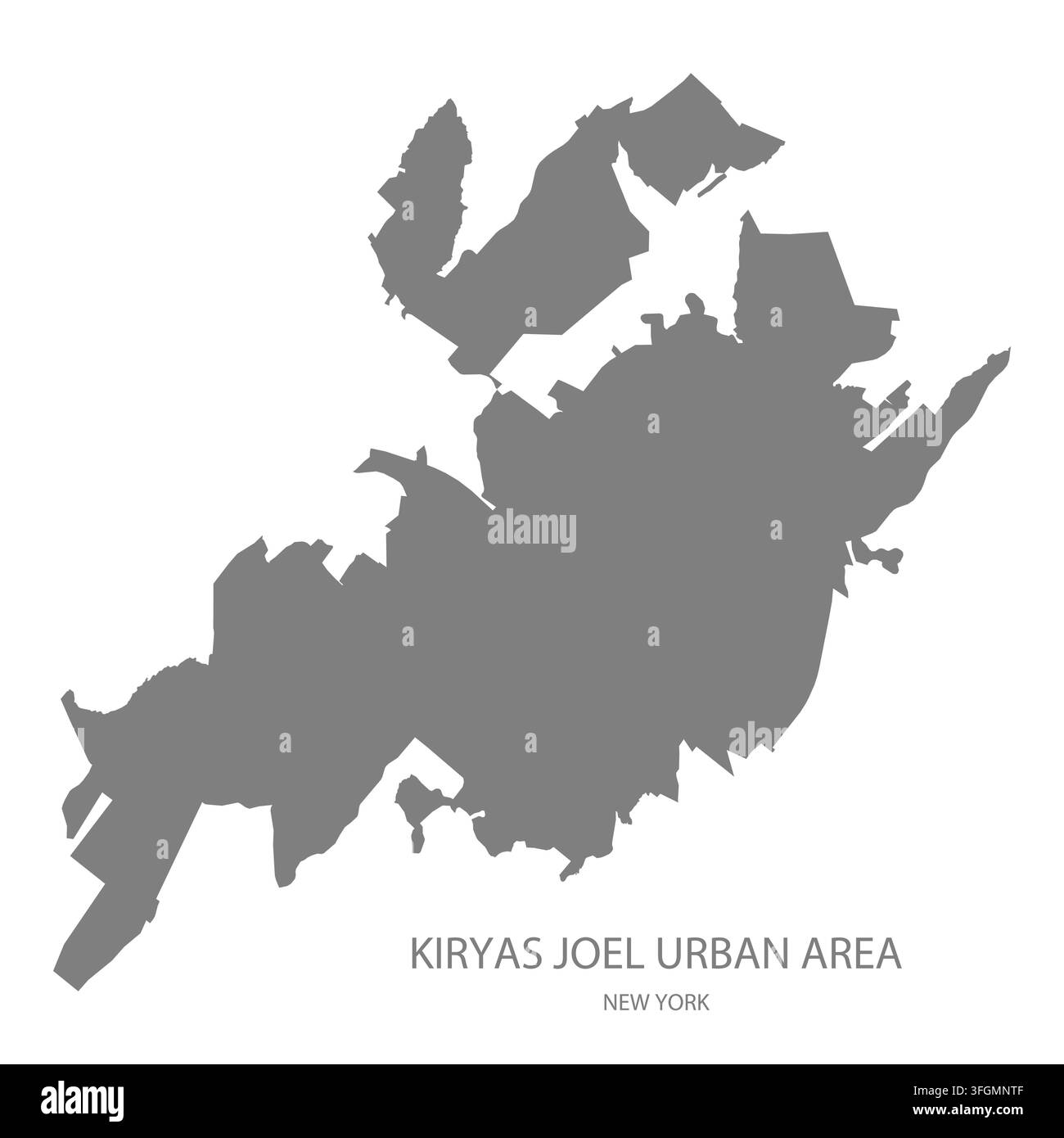 Moderne flache Vektorkarte des städtischen Gebiets Kiryas Joel, New York, Vereinigte Staaten. Detaillierte Gebietsgrenzen-Silhouette in Grau auf weißem Hintergrund. Stock Vektor