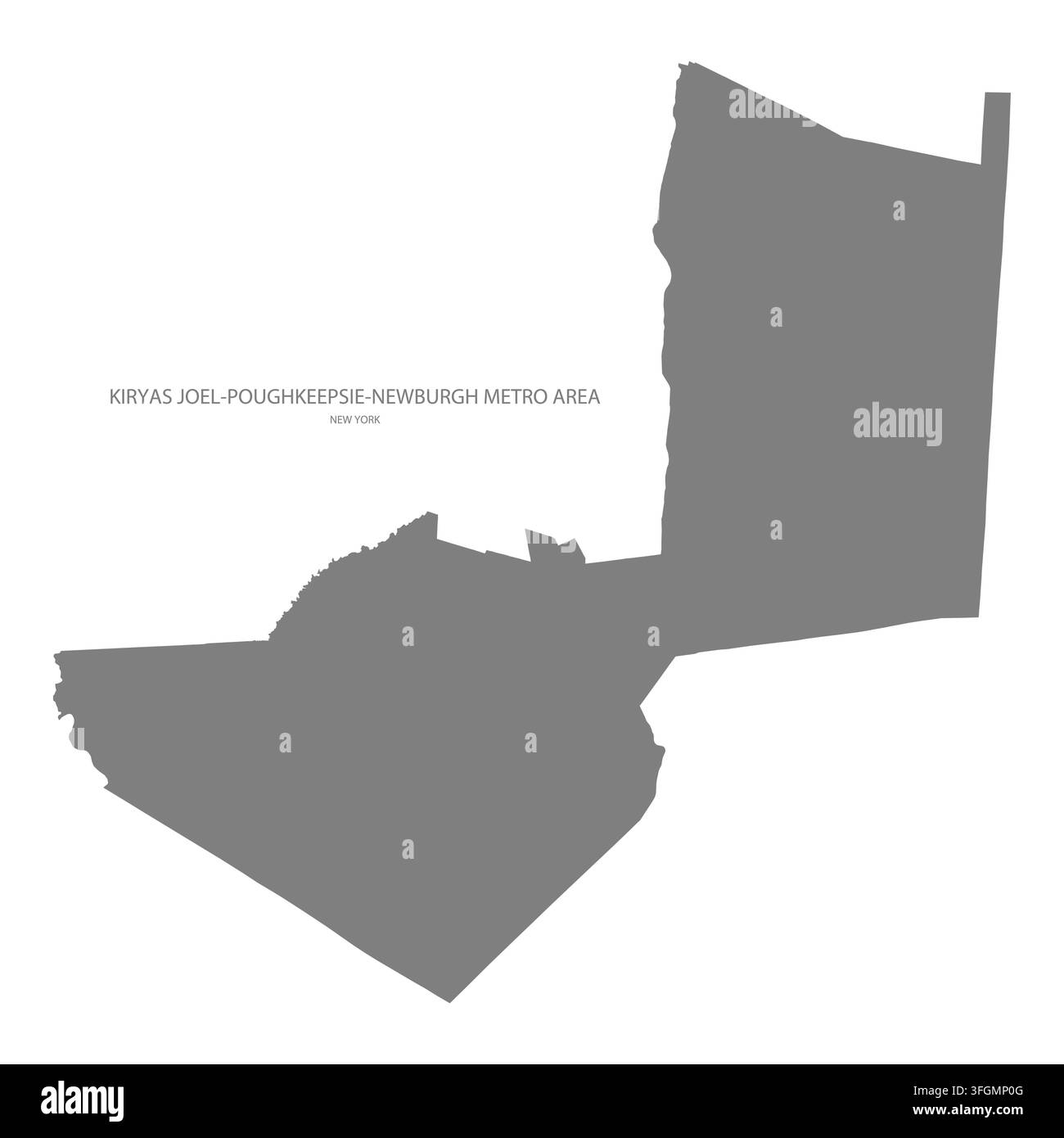 Moderne flache Vektorkarte des Kiryas Joel-Poughkeepsie-Newburgh-Metrogebiets, New York, Vereinigte Staaten. Detaillierte Gebietsgrenzen-Silhouette in Grau auf Weiß Stock Vektor