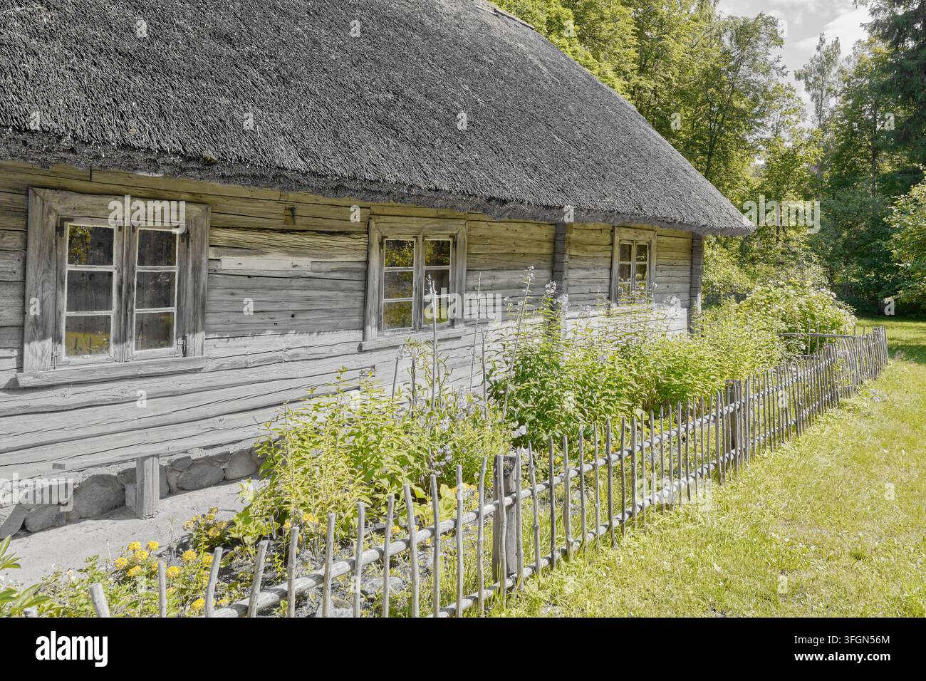 Traditionelles Holzhaus mit Strohdach in grüner Landschaft. Stockfoto