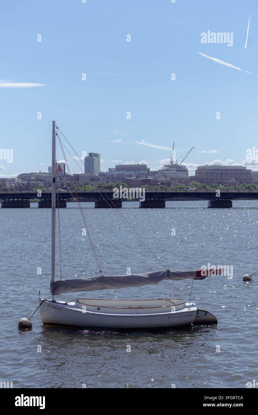 Ein Segelboot, das am Charles River in der Nähe des MIT in Cambridge, Massachusetts, USA, angelegt ist. Stockfoto
