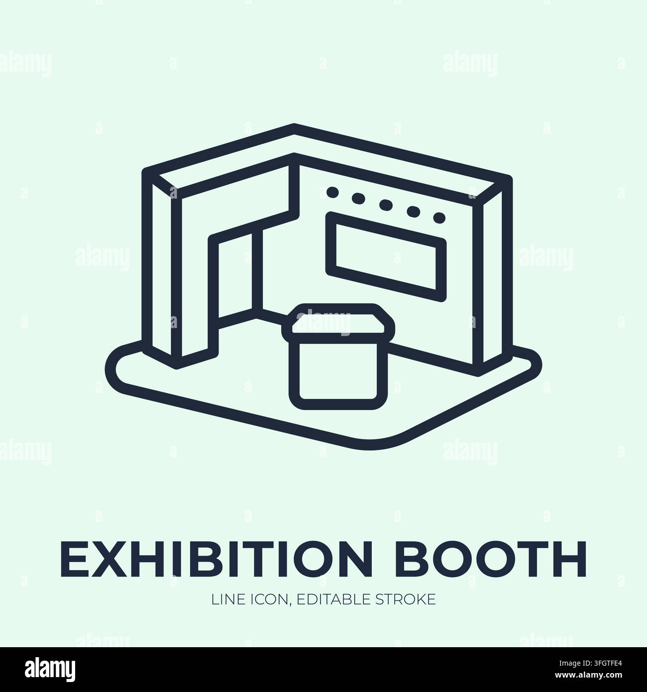 Ausstellungsstand-Linien-Icon. Messestand-Lineare-Vektorillustration. Dünnes Schild eines markierten Display-Kiosks mit Theke für Expo, Kongress, Messe Stock Vektor