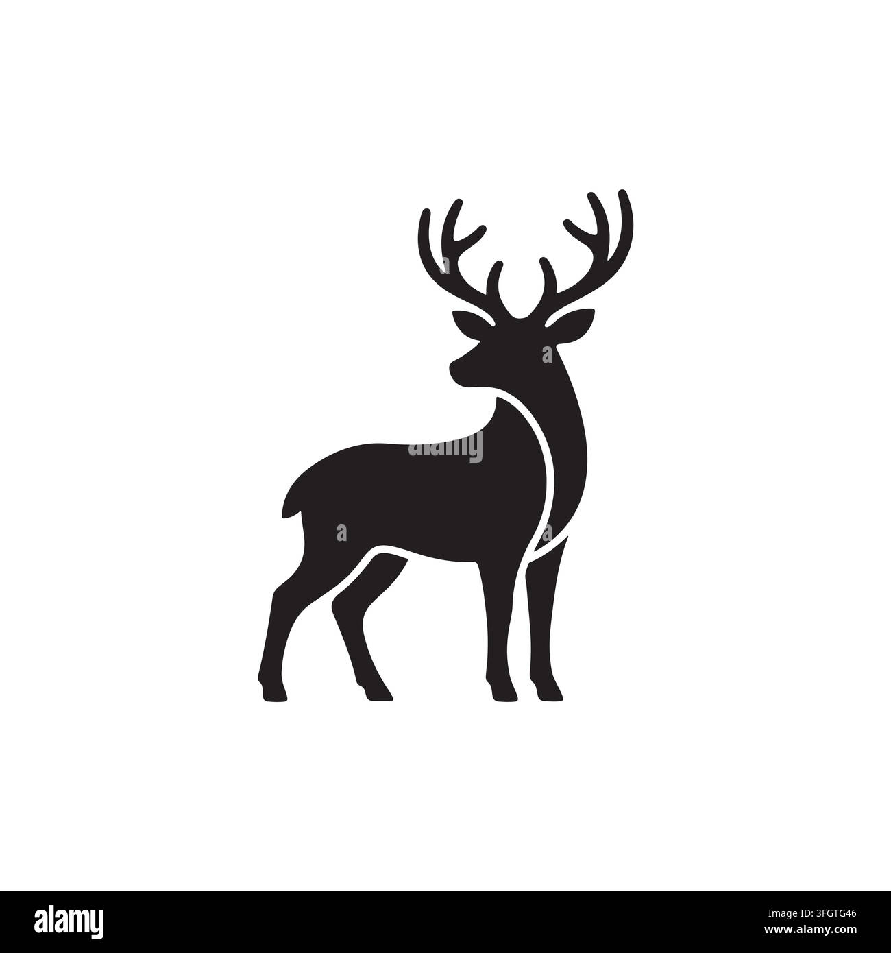 Dieses Bild zeigt eine saubere schwarze Silhouette eines stehenden Hirsches mit auffälligen Geweihen, in einem minimalistischen Vektorstil gegen einen schlichten weißen Hintergrund gerendert Stock Vektor