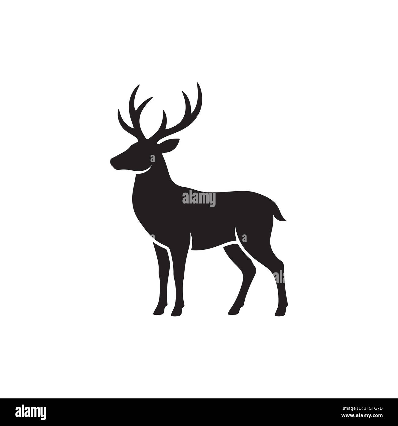 Diese Abbildung zeigt eine saubere und kräftige Vektorillustration eines majestätischen Hirsches im Profil, gekennzeichnet durch ein solides schwarzes Silhouetten-Design agai Stock Vektor