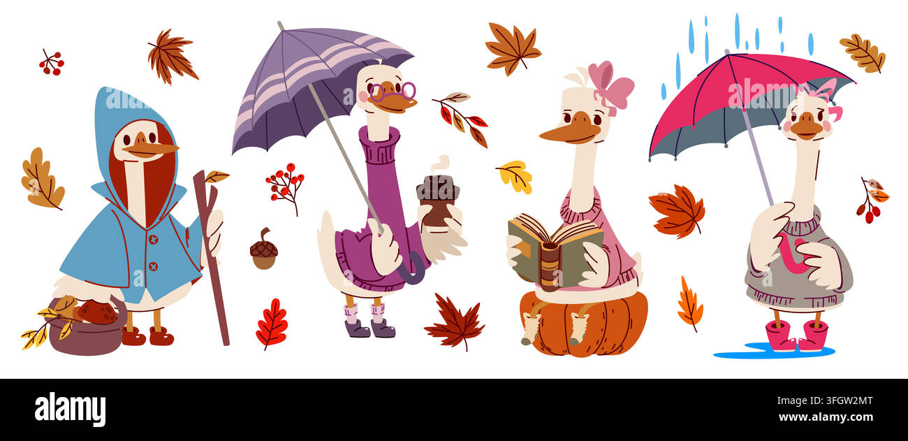 Niedliches Herbstgans-Charakterset auf Weiß. Vektor-Cartoon-Illustration von lustigen Gänsen in Regenmantel und gestricktem Pullover, die einen Regenschirm, einen Korb, eine Kaffeetasse halten, auf einem Kürbis sitzen, verspielte Kindergarten-Designs Stock Vektor