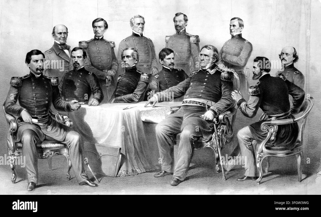 Das Bild zeigt ein fiktives Treffen hochrangiger Unionskommandeure und Generäle, die um einen Tisch versammelt sind, auf dem eine Militärkarte von Virginia ausgebreitet liegt. Unter ihnen sind Generalleutnant Winfield Scott, Generalmajor George B. McClellan, Irvin McDowell, John E. Wool, John A. Dix, Benjamin F. Butler, Franz Sigel, Nathaniel P. Banks und Konteradmiral Silas H. Stringham. Dies ist eine authentische, digital restaurierte Reproduktion eines Originals aus dem 19. Jahrhundert der amerikanischen Geschichte. Das genaue Datum der Darstellung ist unbekannt. Stockfoto