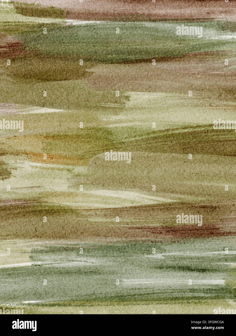 Aquarellhintergrund in Beige, Grün und Braun mit lockeren Pinselstrichen. Handgemaltes Kunstwerk verleiht natürliche Textur und Wärme. Perfekt für Briefpapier Stockfoto
