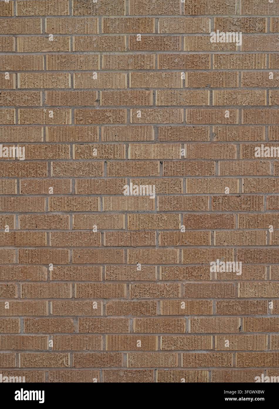 Nahaufnahme einer braunen strukturierten Ziegelwand mit vertikal gerillten Ziegeln, glatten Mörtelfugen, abgeplatzten Ziegeloberflächen und verschiedenen braunen Ziegelvariationen Stockfoto