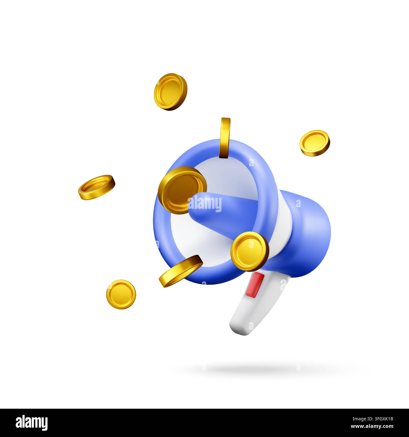 3D-Megafon mit fliegenden Goldmünzen Stock Vektor