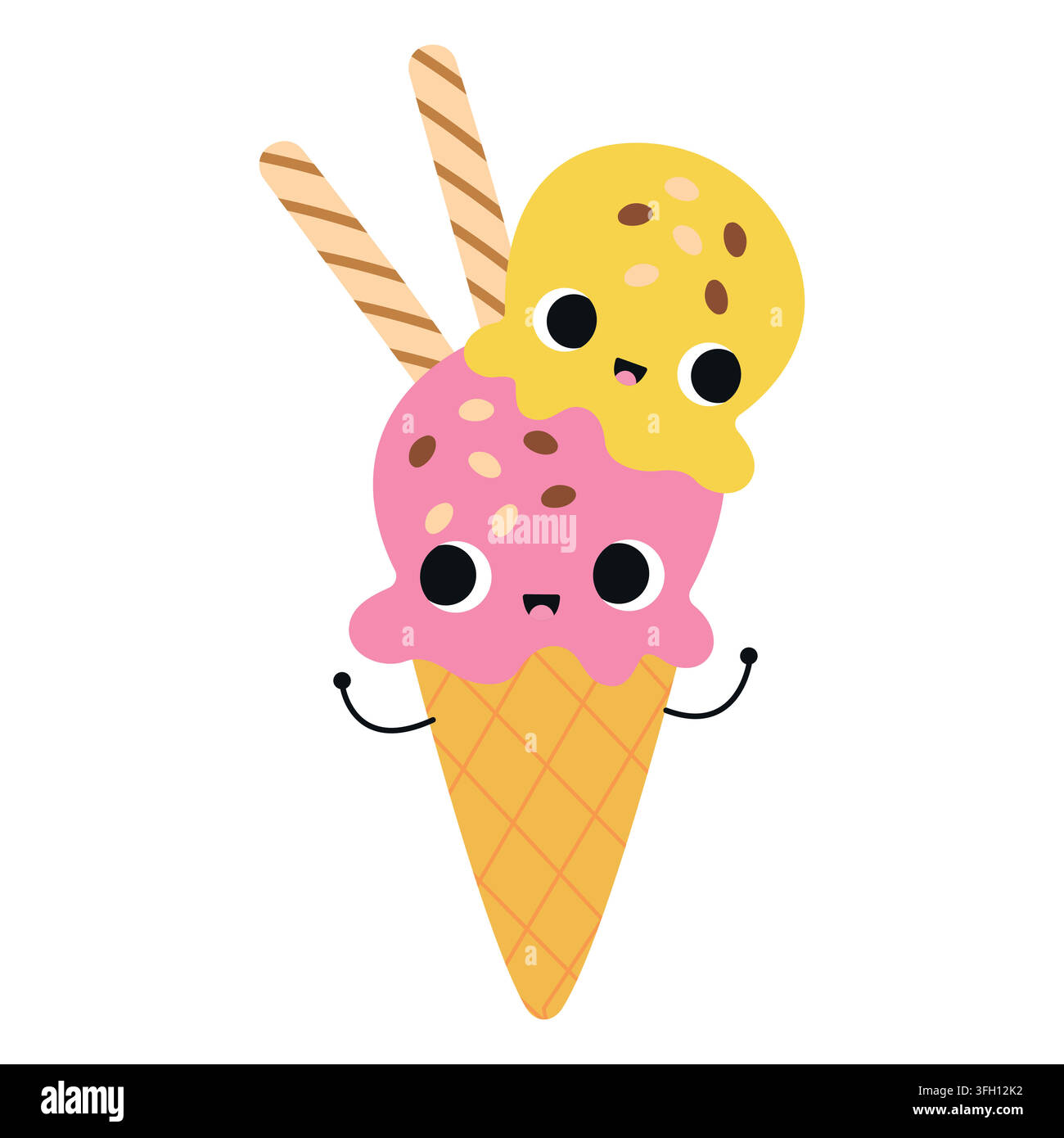 Niedliche Cartoonfiguren mit doppelter Eiscreme-Scoop in Waffelhörnchen, isoliert auf weißem Hintergrund. Kawaii rosa und gelbe Eiscreme-Scoops-Vektorgrafik Stock Vektor