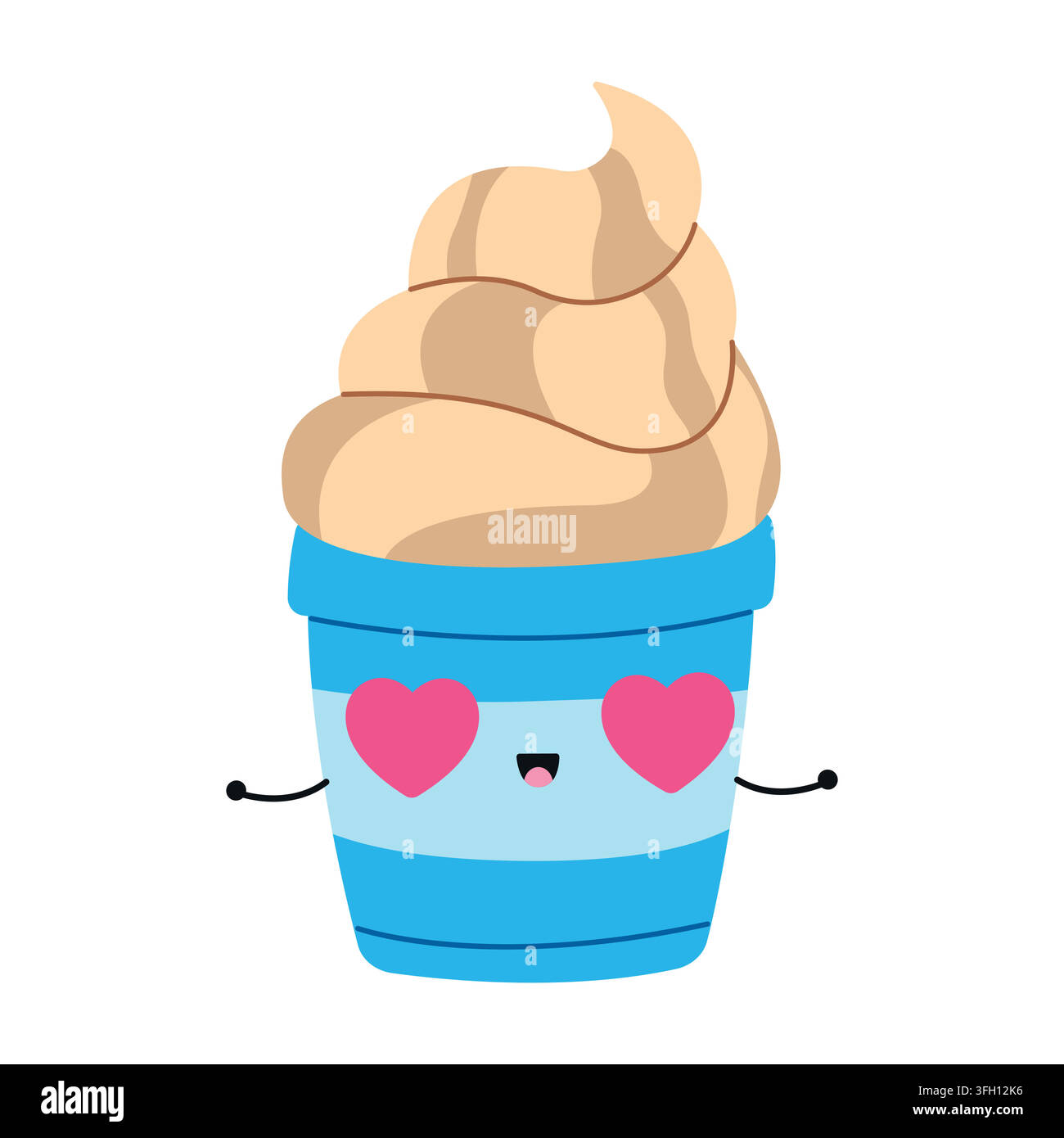 Niedliche Eiscreme in einer blau gestreiften Tasse, Cartoon-Figur mit Herzaugen, isoliert auf weißem Hintergrund. Kawaii süßes Dessert-Maskottchen-Vektorillustration für Stock Vektor