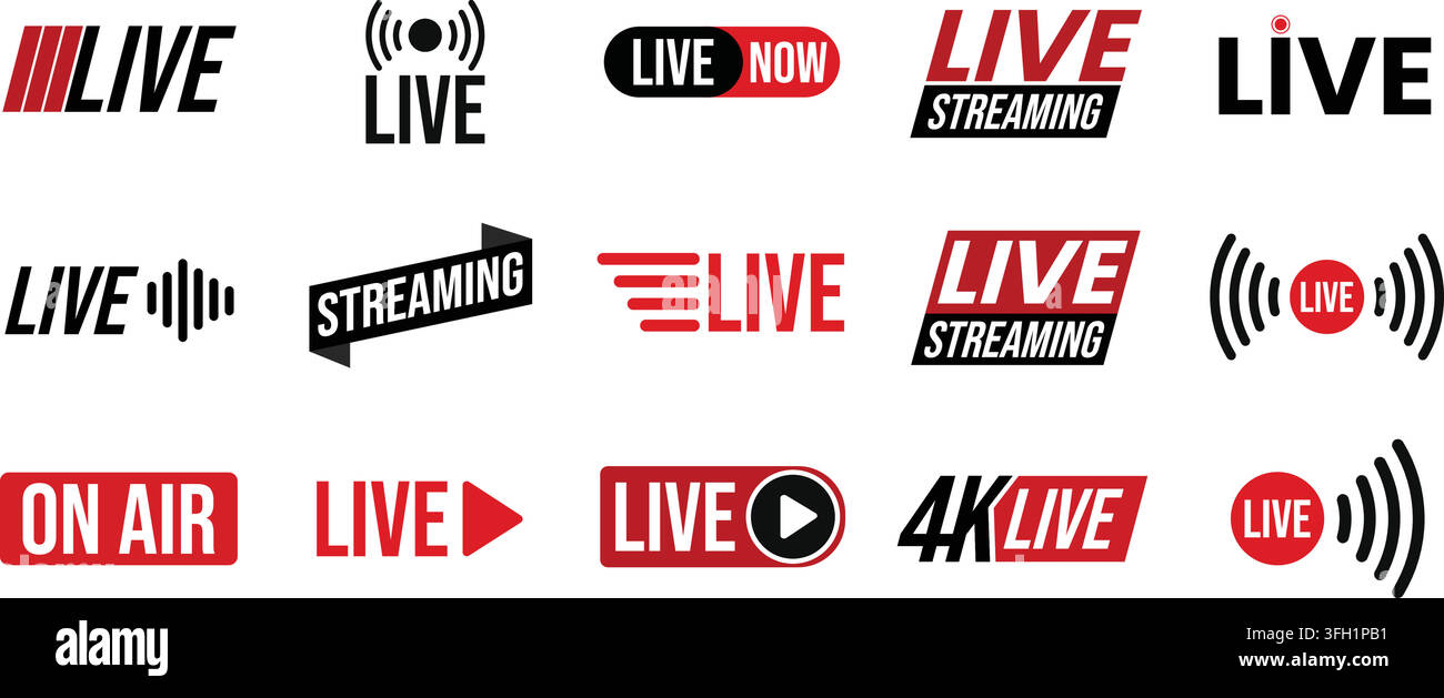 Verschiedene Live-Streaming-Logo-Grafiken in Rot, Schwarz und Weiß, die ein Gefühl von Dringlichkeit und Aufregung vermitteln, auf einem schlichten weißen Hintergrund Stock Vektor