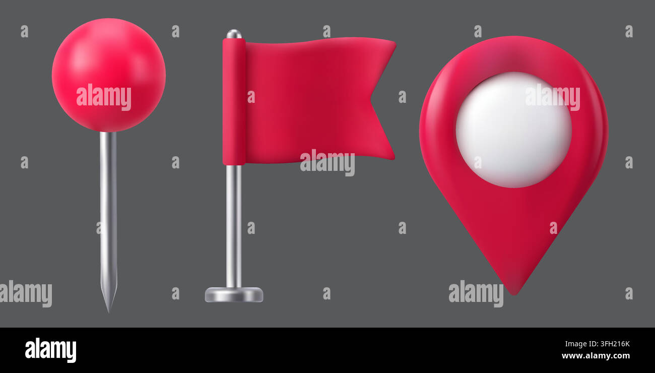 Eine Sammlung von drei 3D-gerenderten roten Symbolen, darunter eine Stecknadel, ein Flaggenmarker und ein Ortspfeil, isoliert vor einem dunkelgrauen Hintergrund. Stock Vektor
