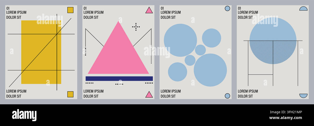 Eine Sammlung von vier modernen minimalistischen Postern mit abstrakten geometrischen Formen, darunter Quadrate, Dreiecke und Kreise auf einem neutralen grauen Hintergrund Stock Vektor