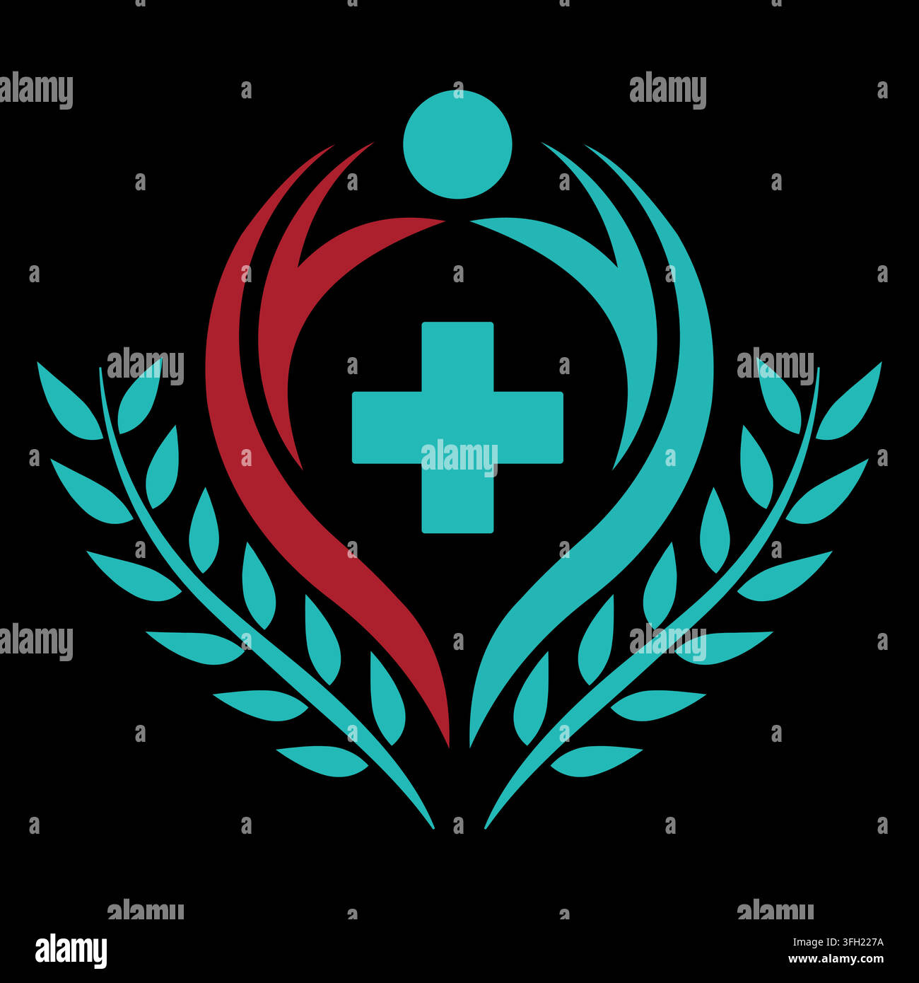 Ein professionelles medizinisches Logo-Design mit einem zentralen Kreuz, stilisierten menschlichen Figuren und dekorativen Lorbeerblättern in Türkis und Rot auf einem schwarzen Hintergrund Stock Vektor