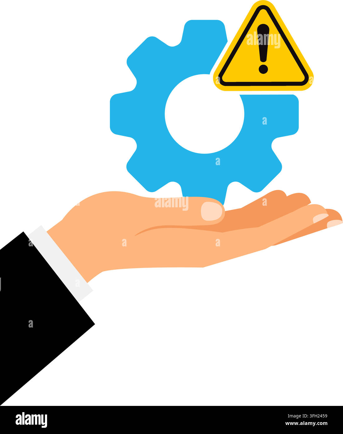 Hand, die ein blaues Zahnrad-Symbol mit gelbem Warndreieck zeigt, das Systemwartungsfehler und Sicherheitsrisiko darstellt Stock Vektor