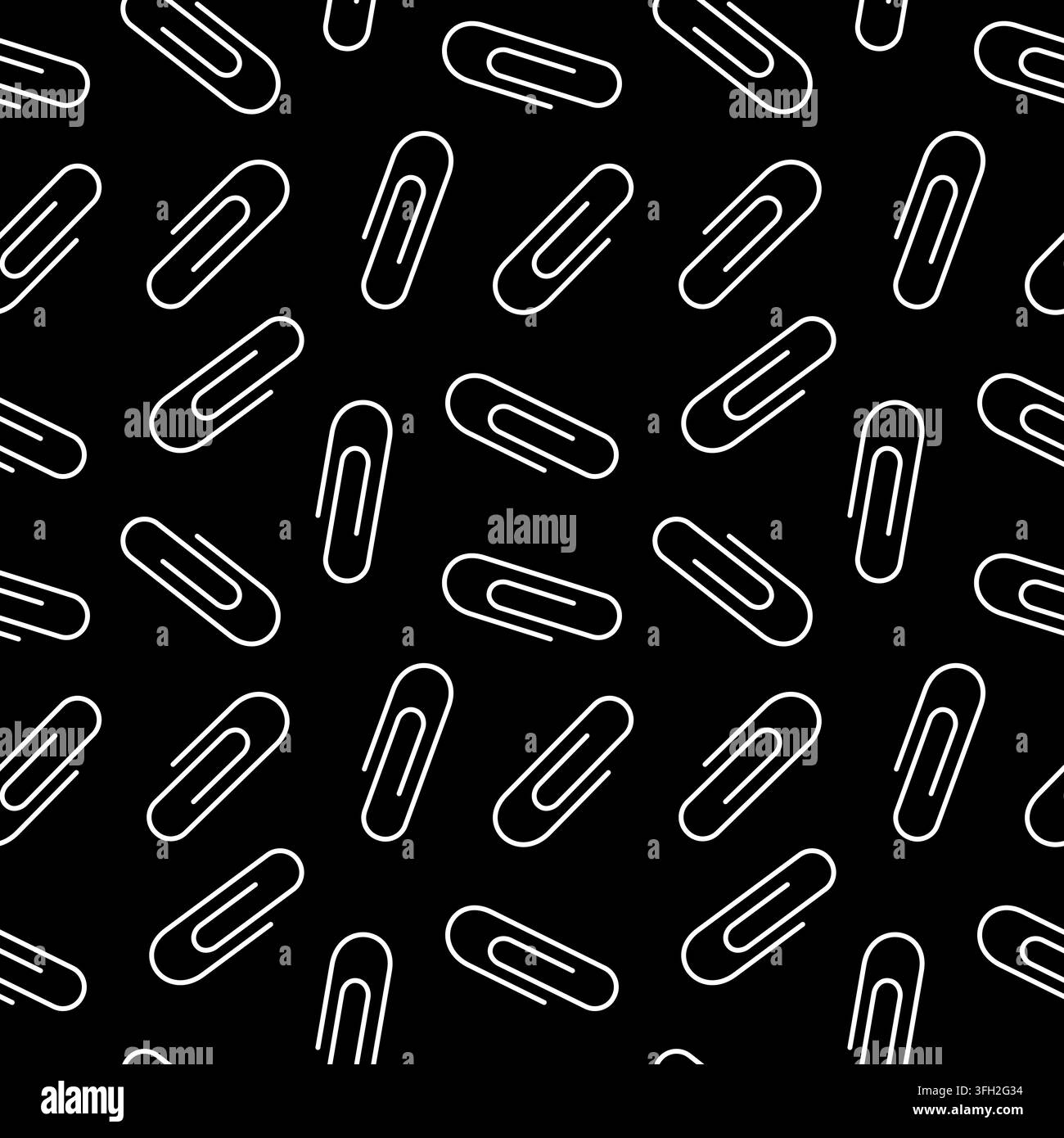 Nahtloses Muster mit Büroklammer. Büroklammer in Schwarz und Weiß als Textildesign. Schulsachen. Schreibwarenelemente. Vektorillustration isoliert auf Weiß. Stock Vektor