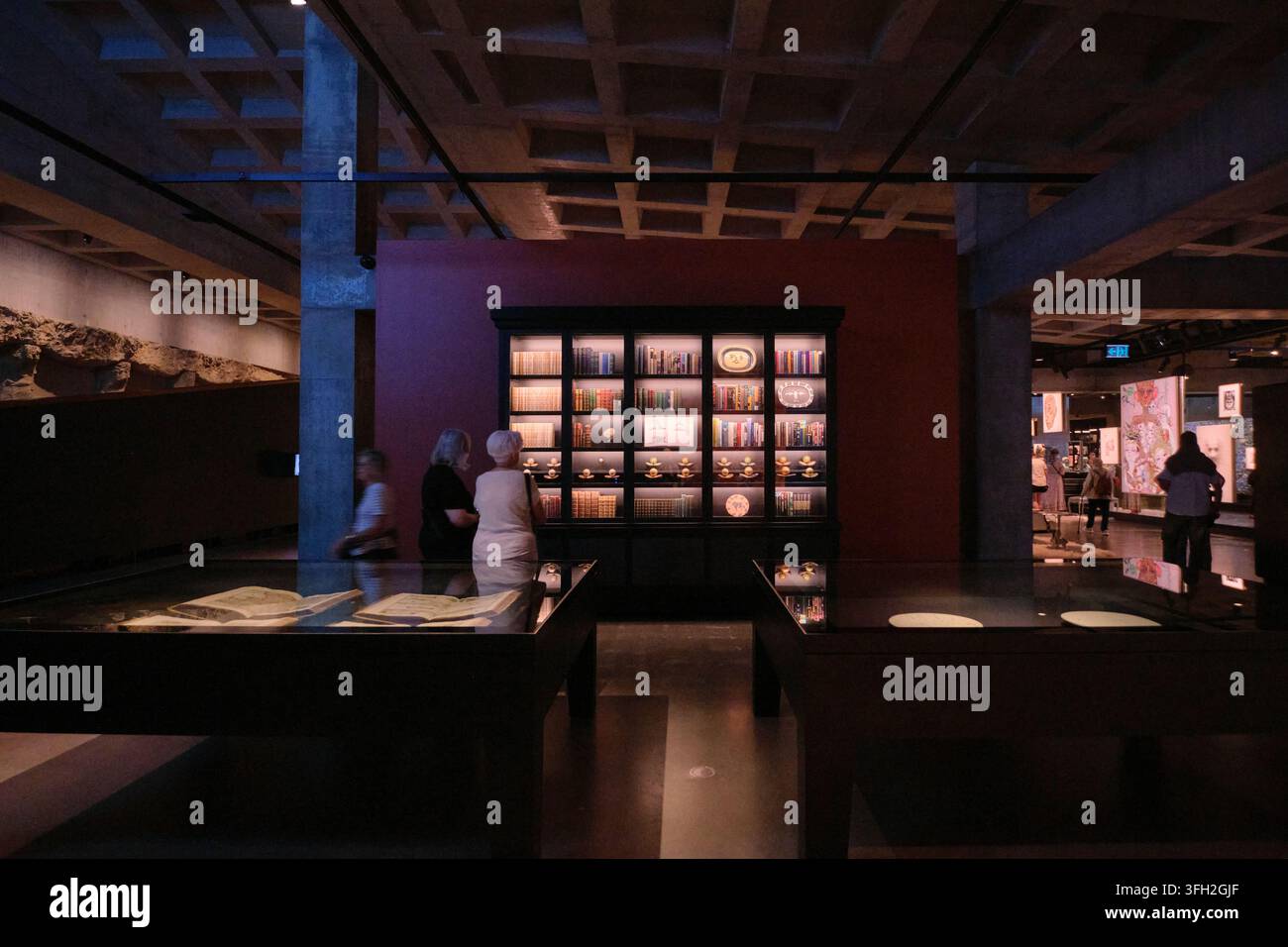 Besucher betrachten ein mit Kunstobjekten gefülltes Bücherregal in einer Galerie. Im MONA, Museum of Old and New in der Nähe von Hobart, Australien. Stockfoto