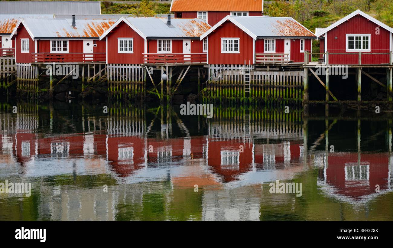 Traditionelle rote Holzhütten (rorbu) auf Holzpfählen, die sich im ruhigen Fjordwasser eines historischen Fischerdorfs spiegeln, Lofoten, Norwegen. Stockfoto