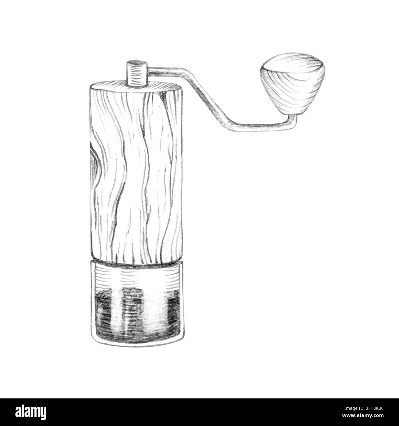 Manuelle Kaffeemühle handgezeichnet mit Graphitstift. Grafische Illustration isoliert vom Hintergrund. Detaillierte Holz- und Glastextur-Skizze für Stockfoto