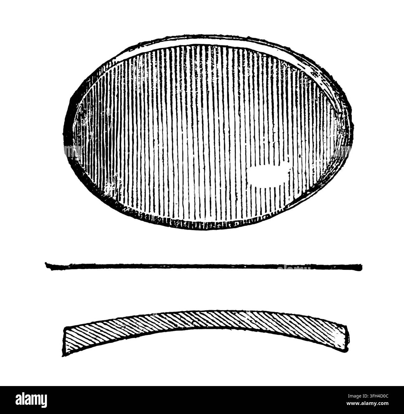 Antikes optisches Diagramm, das die Draufsicht und den Querschnitt einer konvex-konkaven oder periskopischen Augenglaslinse zeigt. Stockfoto