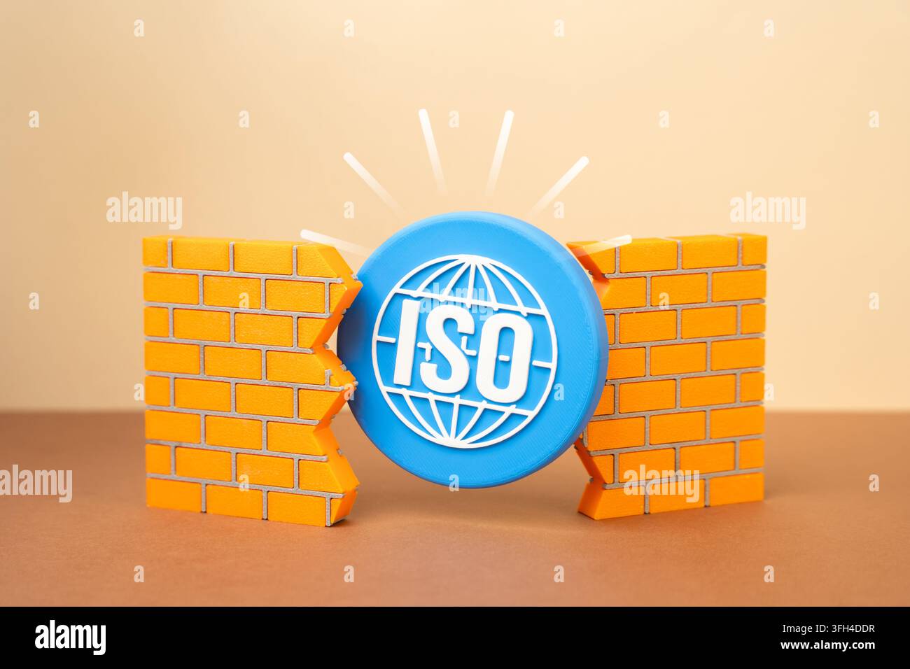 Ein ISO-Symbol, das durch eine Wand bricht. Implementierung neuer Regeln und Standards. Konzept der Qualitätszertifizierung und regulatorischen Transformation in Bu Stockfoto