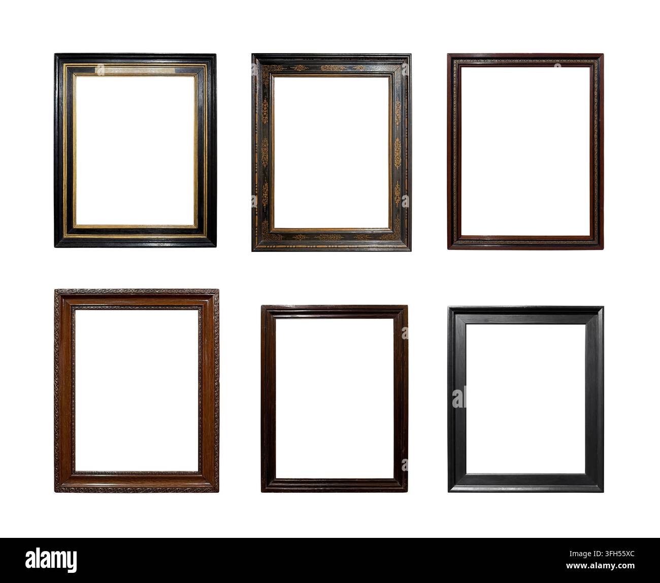 Sammlung antiker dunkler Holzbildrahmen isoliert auf weißem Hintergrund Stockfoto