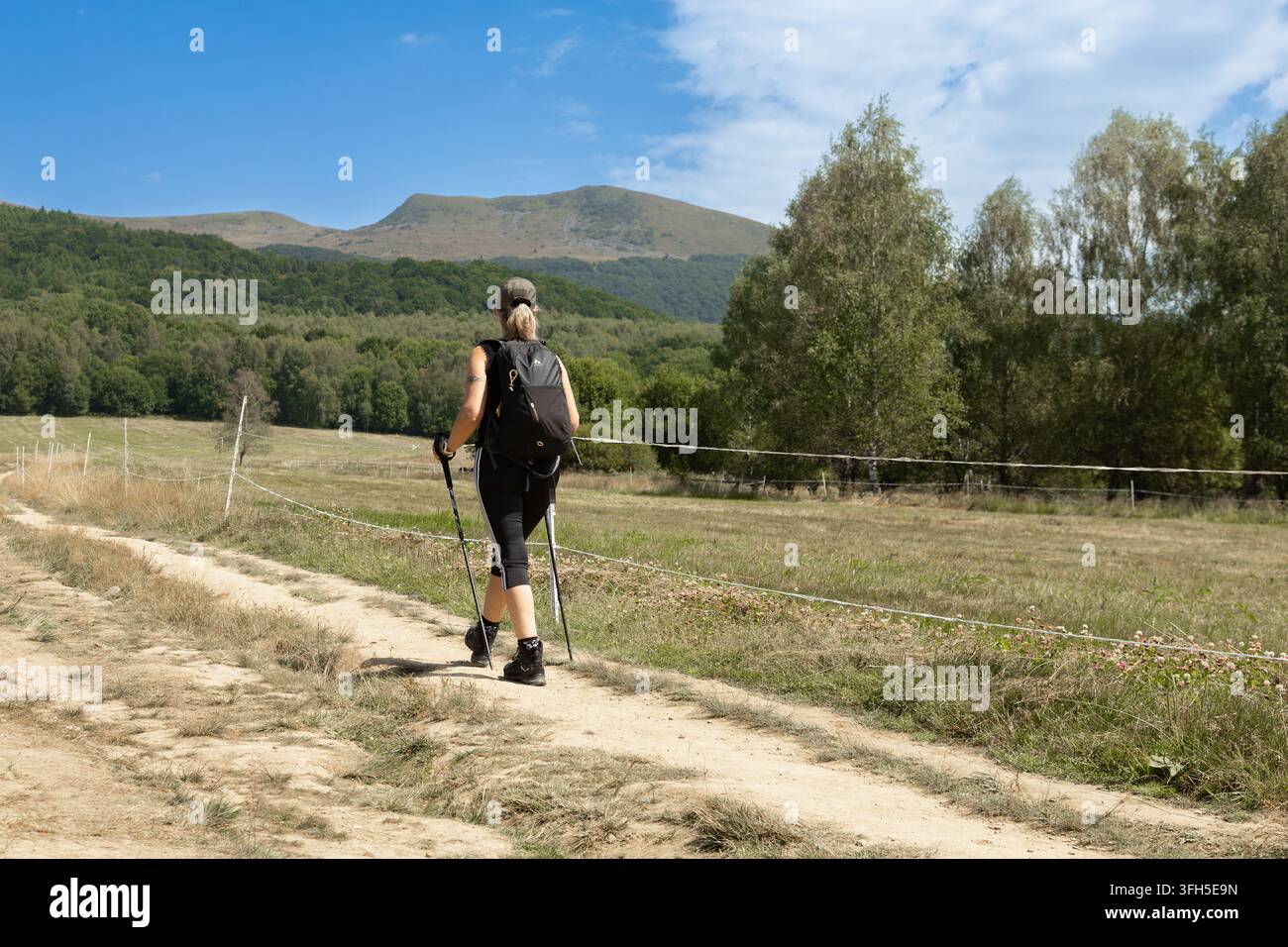 Wanderer, der einen ländlichen Bergpfad entlanggeht, mit bewaldeten Hügeln und offenen Wiesen Stockfoto