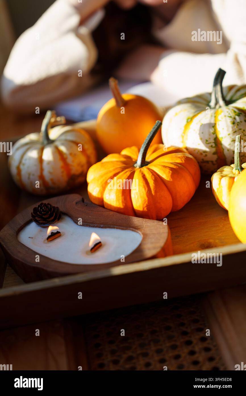 Herbstliche Kürbisstillleben mit verschwommener Teenagerin im Hintergrund Stockfoto