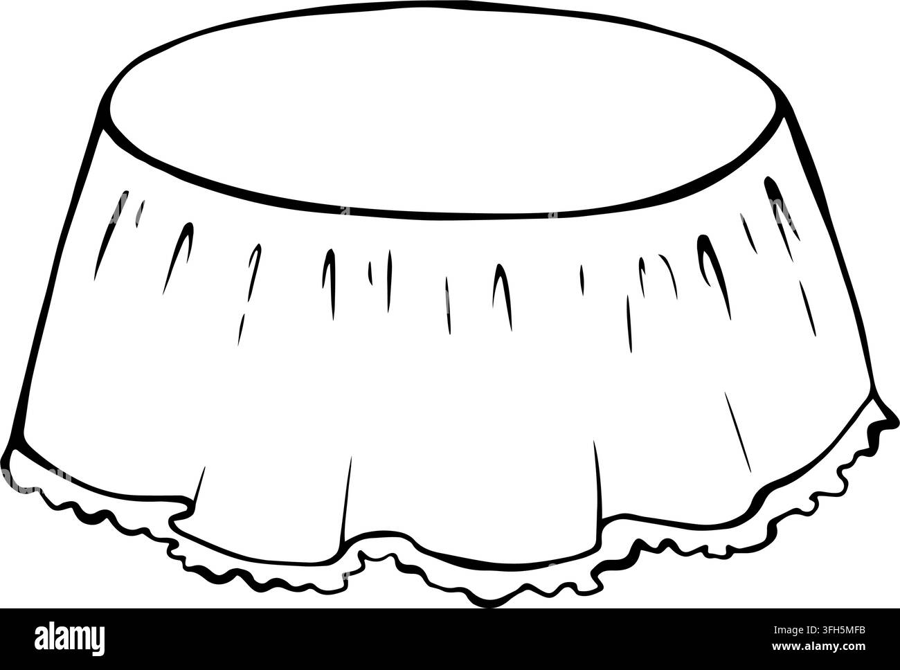 Tischdecke mit Rüschen am unteren Rand, auf einem runden Esstisch ausgebreitet. Isolierter Vektor EPS. Cottagecore, Doodle. Handgezeichnete Strichillustration Stock Vektor