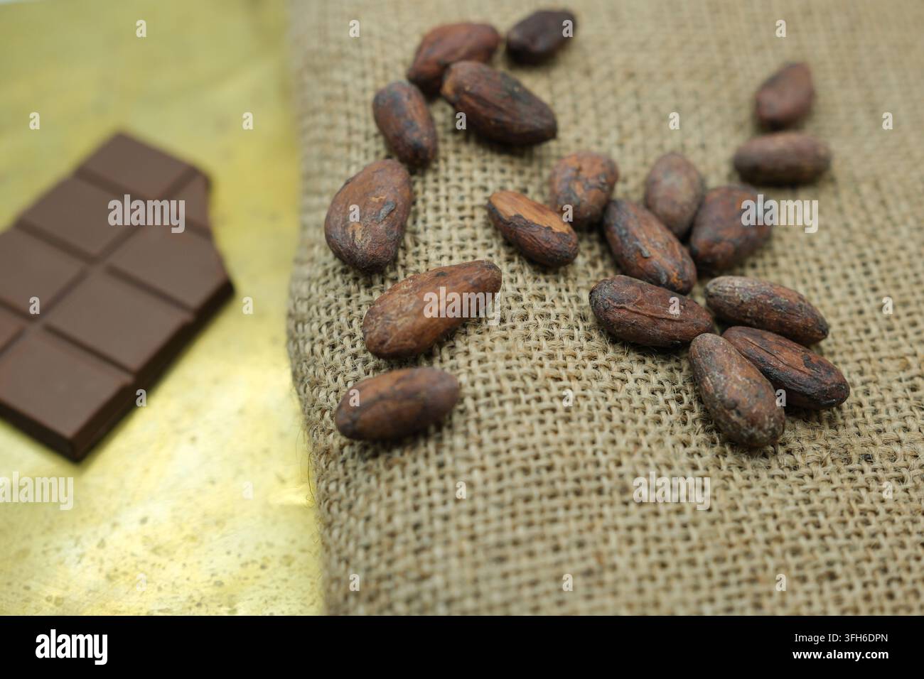 Kakaobohnen auf Jutesack mit Schokoladenriegel – Von der rohen Kakaobohne zur Schokoladenproduktion. Goldener Hintergrund. Schwache Tiefenschärfe. Stockfoto