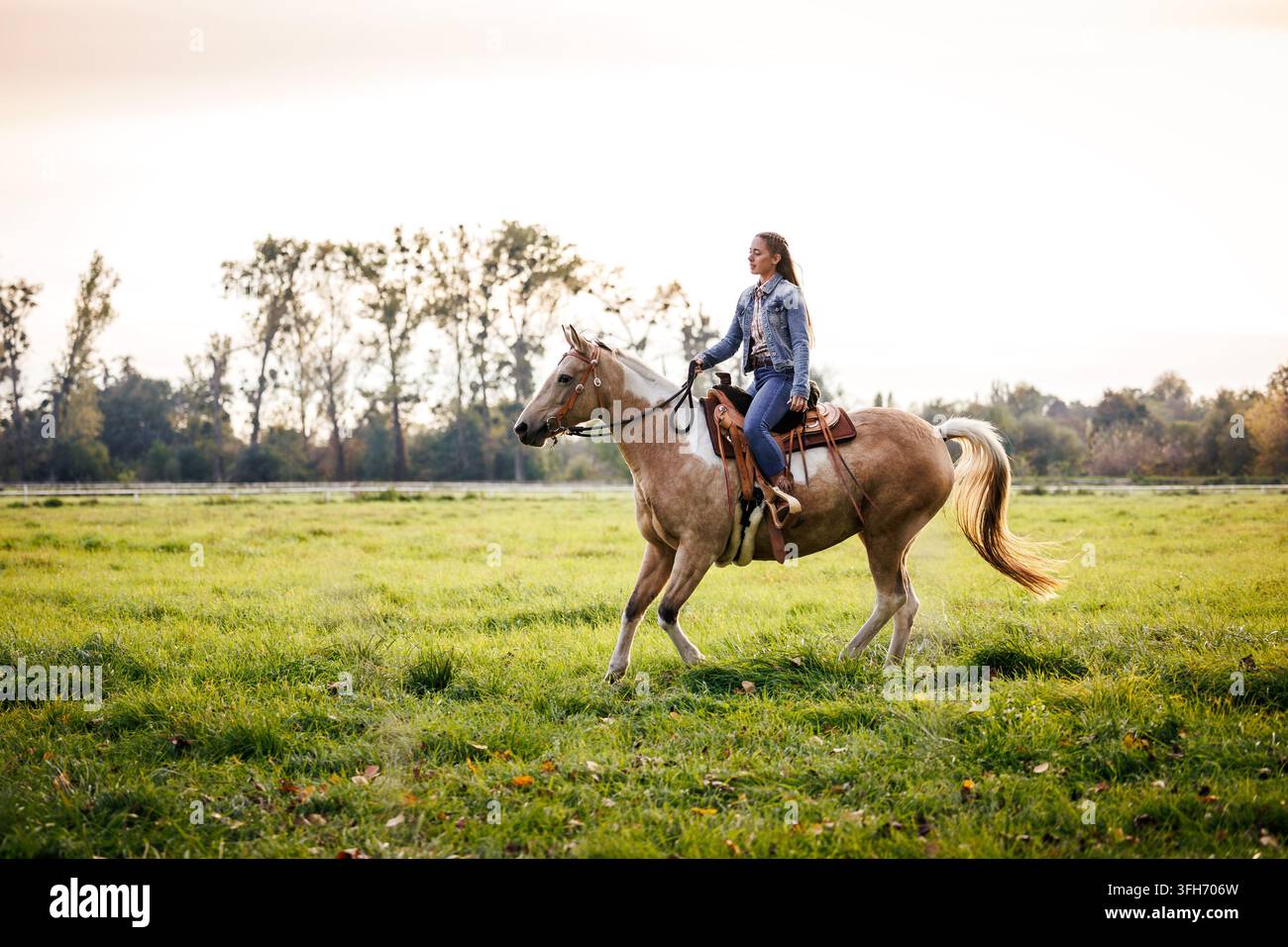 Frau reitet Pferd auf der Wiese. Cowgirl genießt das Reiten und den Western-Lebensstil auf dem Land Stockfoto