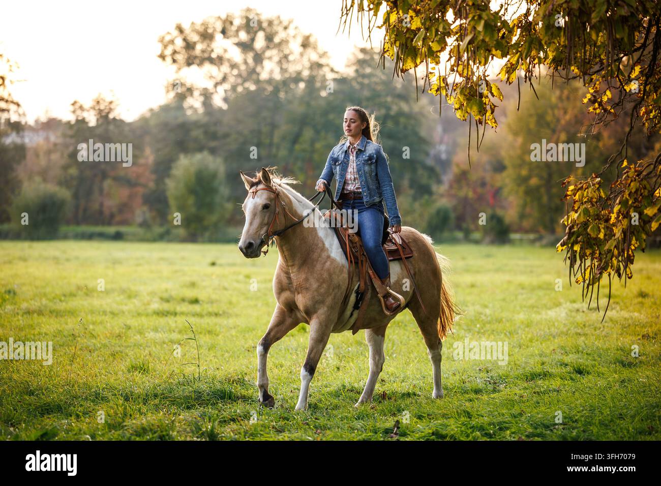 Frau reitet Pferd auf der Wiese. Cowgirl genießt das Reiten und den Western-Lebensstil auf dem Land Stockfoto