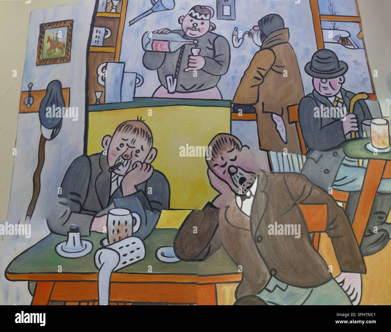 PRAG – 18. Nov. 2025 – Cartoon, das Menschen zeigt, die in einem Vintage-Tschechischen Pub entspannen und Bier trinken, und die lokale Kultur und das tägliche Leben darstellt. , Tsche Stockfoto