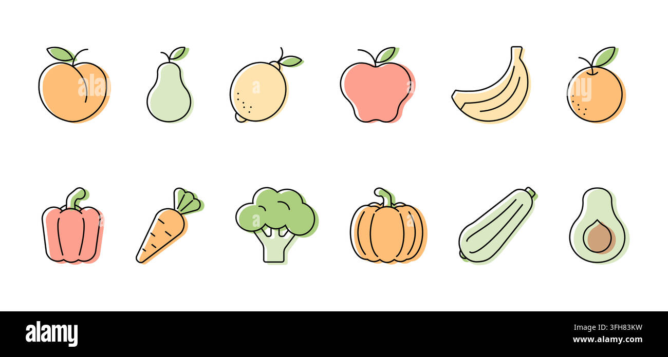 Obst- und Gemüseset aus zwölf pastellfarbenen Lebensmittelsymbolen mit schwarzen Umrissen. Vektorillustration auf weißem Hintergrund. Stock Vektor