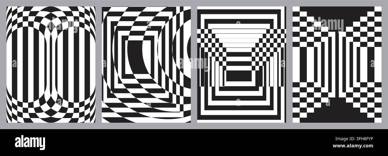 Sammlung von vier abstrakten Op-Art-Mustern mit schwarzen und weißen geometrischen Formen, die dynamische optische Illusionen und moderne grafische Texturen erzeugen Stock Vektor