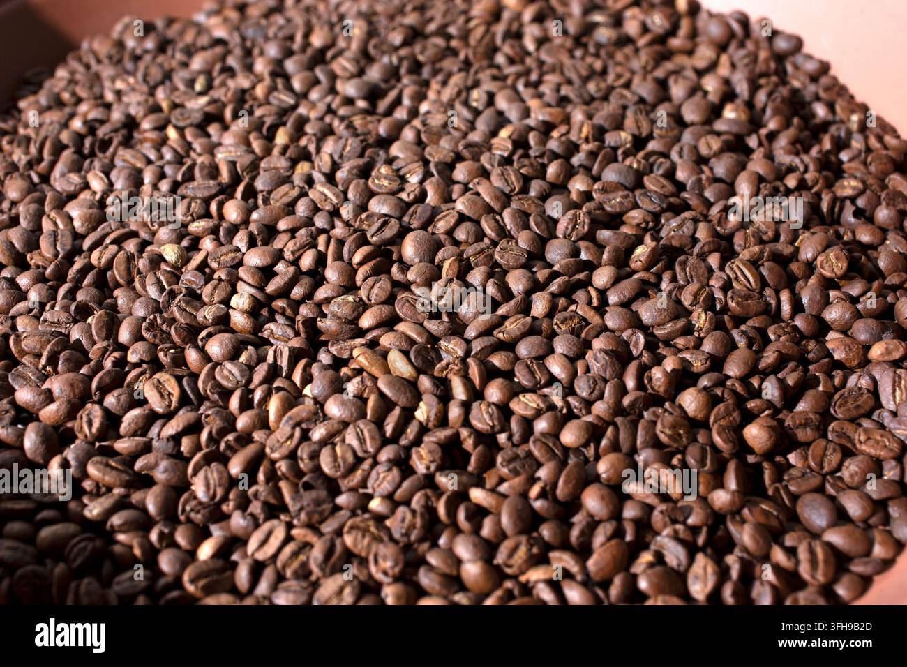 Eine Ansicht eines Haufens mittelgarker Kaffeebohnen. Stockfoto