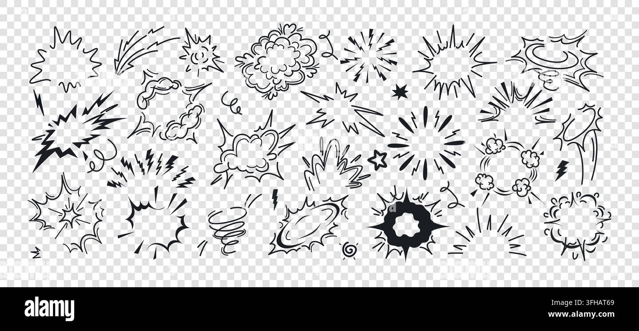 Radiale Kraftbomben-Explosionsblase, Boom-Wolken oder Rahmen. Bursts-Explosionswirkung von Dynamit, runde atomare Rauchelemente mit Blitzfeuer. Puff-Bewegungs-Symbole in Schwarz. Handgezeichnete Explosions-Sprite-Sheets Stock Vektor