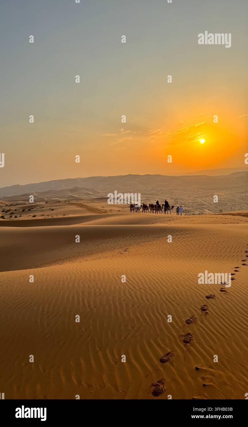 Kamelenkarawane überquert goldene Sanddünen bei Sonnenaufgang in der Wüste in der Nähe von Abu Dhabi, Vereinigte Arabische Emirate - Smartphone-aufgenommenes Stockfoto