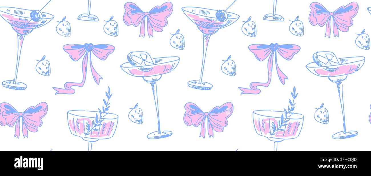 Nahtloses Cocktailmuster mit Gläsern, koketten Schleifen und Erdbeeren. Rosa und blauer handgezeichneter Hintergrund mit Champagner- und Margarita-Umrissillustrationen. Doodle-Getränke-mädchenhafter Hintergrund. Stock Vektor