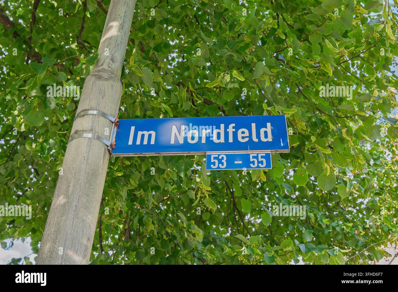 Iserlohn, Deutschland – 23. August 2026: Ein blaues deutsches Straßenschild mit der Aufschrift „Im Nordfeld“ auf einem Pfosten vor grünen Baumblättern. Stockfoto